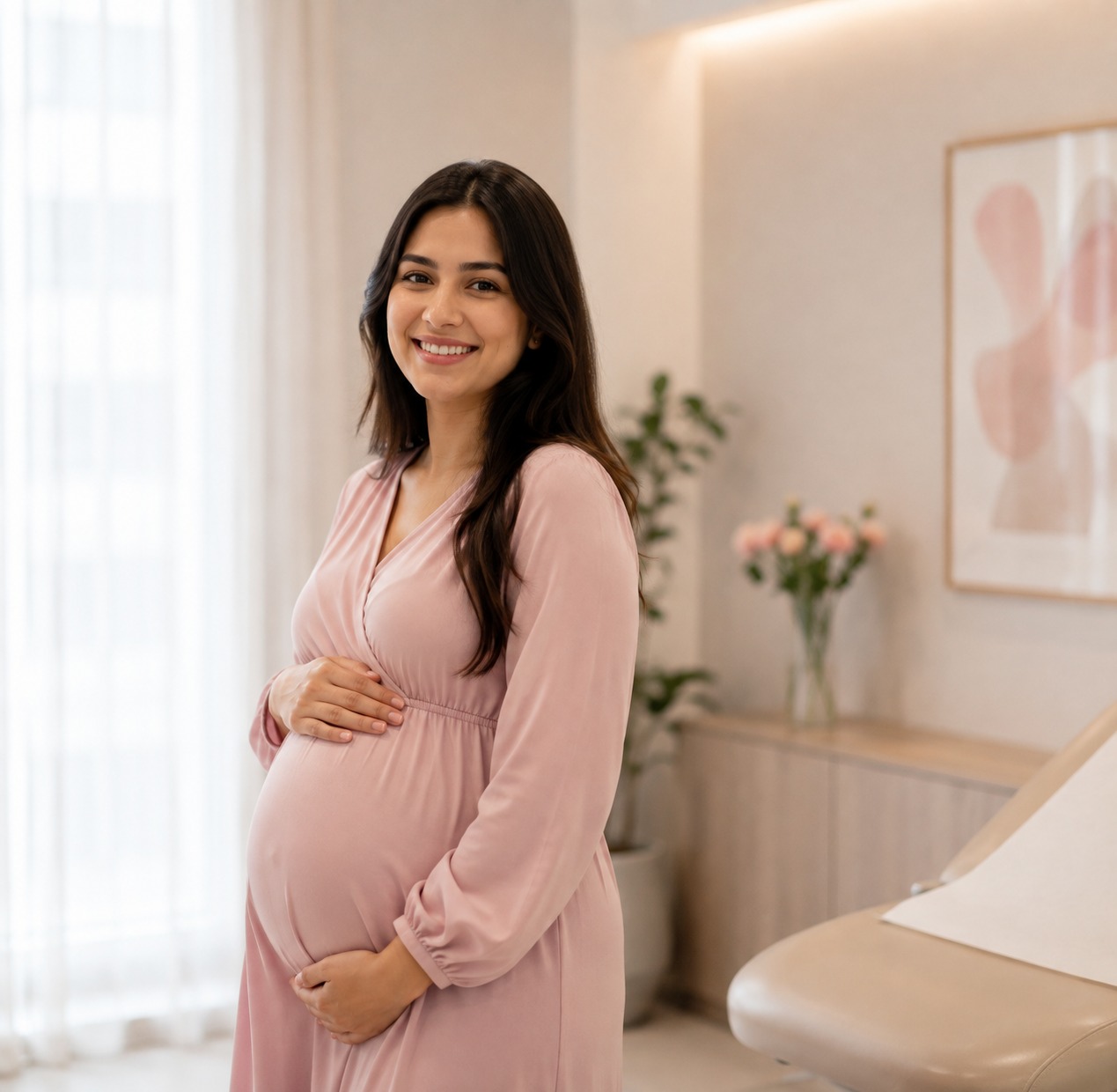Pregnant woman in a calm consultation setting